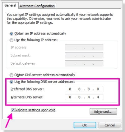 خيار استخدام عنوان خادم DNS 1