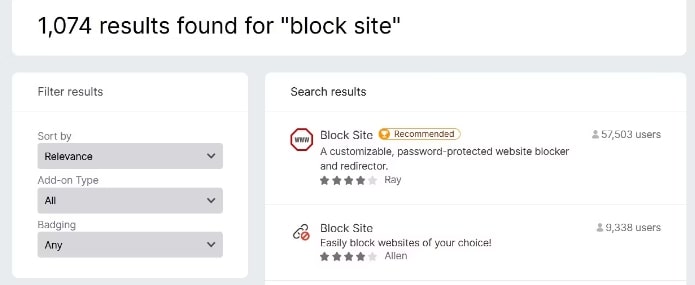 عن Block Site و انقر على أول إضافة موصى بها تراها
