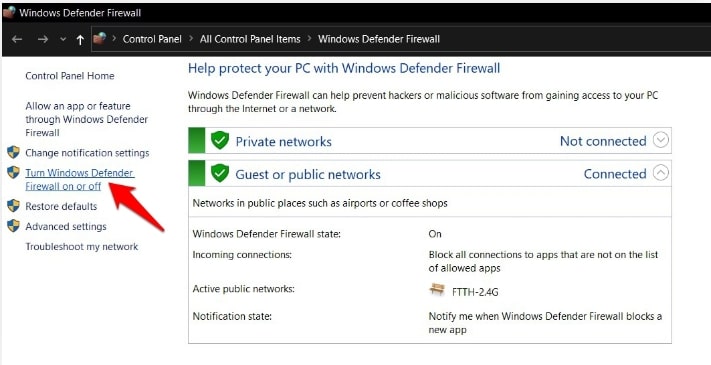 فوق تشغيل أو إيقاف تشغيل جدار الحماية Windows Defender من شريط القائمة الأيسر