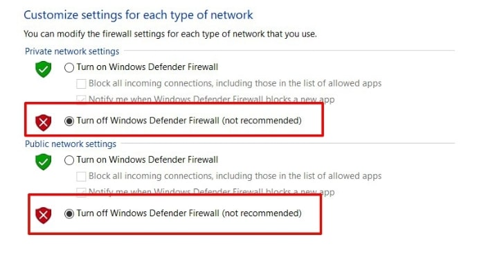 باختيار إيقاف تشغيل جدار الحماية Windows Defender